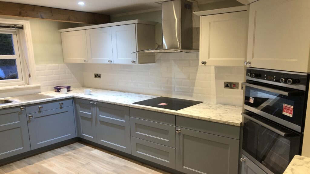 white worktop white tiles matt dove grey kitchen