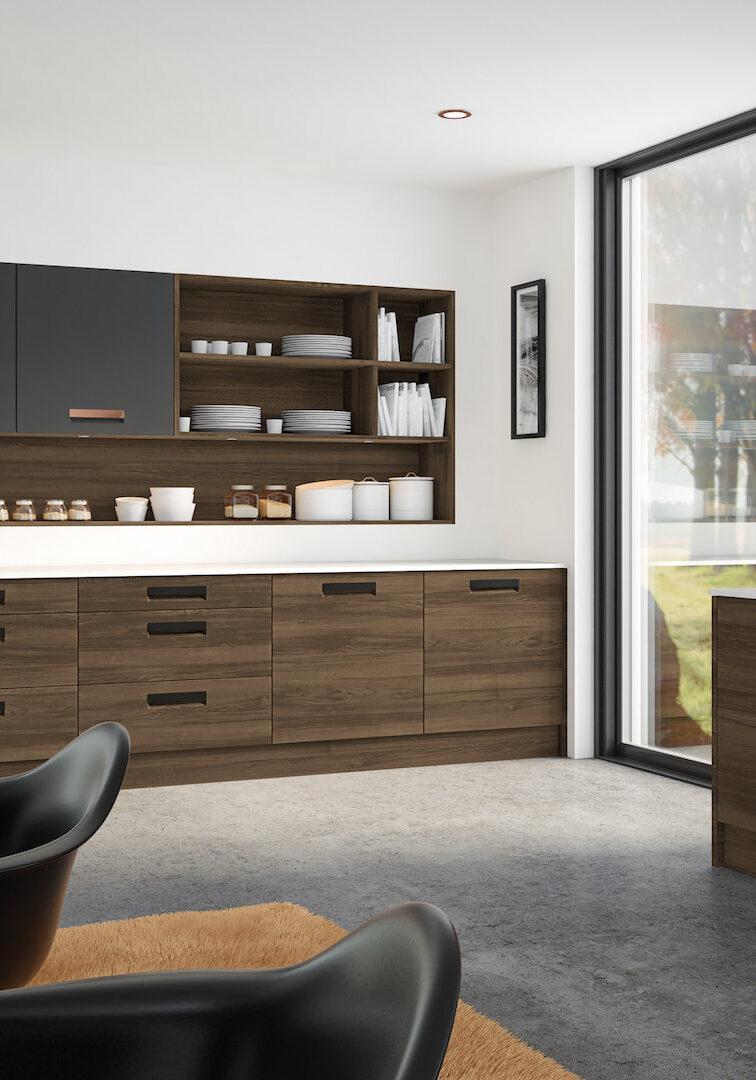 Natural Walnut Matt Graphite Lazio Kitchen fitting Cheshire